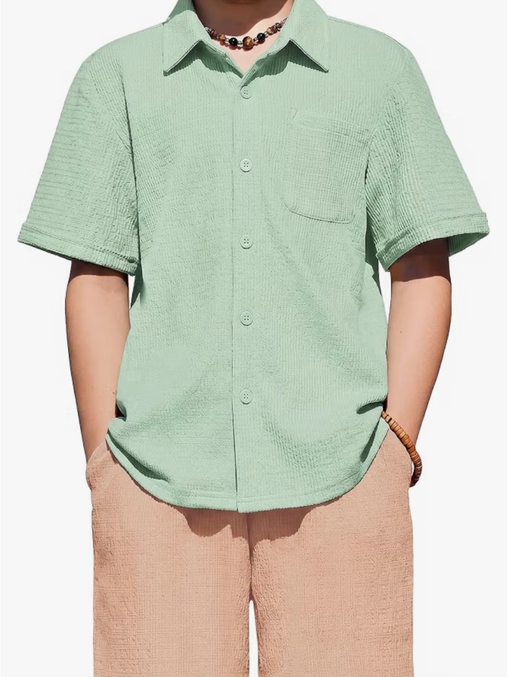 Boys Short-Sleeve Button-Up Shirt in Mint Green with beige shorts